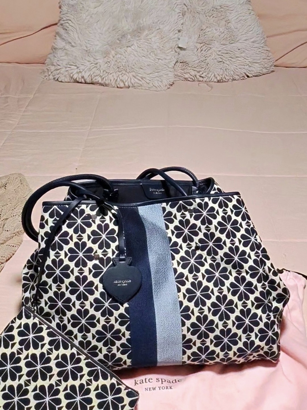 Kate Spade Navy Blue & Cream Floral Tote Bag with Navy Stripe